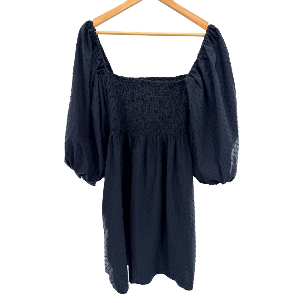 Kourt‎ Black Clip Dot Smocked Puff Sleeve Mini Dress Women XL Cotton Square Neck - Picture 2 of 8